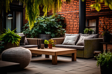 A modern garden lounge boasts a terrace house with plants, a wooden table and wall, a comfortable couch, and ambient lamps. Wooden veranda includes garden chairs for added relaxation.
