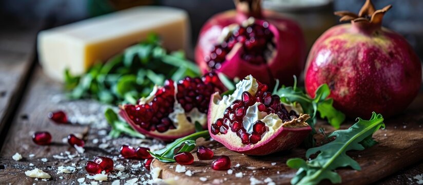 Pomegranate seeds and parmesan with rocket.