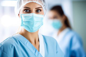 A focused female nurse in blue scrubs wears a surgical mask and cap, her attentive gaze suggesting professionalism and care.