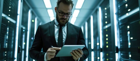 IT specialist using tablet in data center, looking at camera. Successful businessman overlooking server farm.
