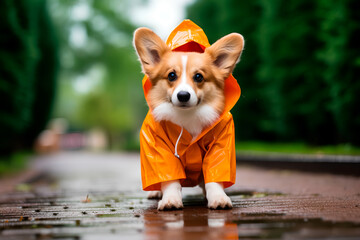 A charming Corgi puppy, adorned in a raincoat and boots, embarks on a walk during overcast weather.