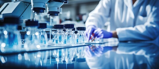 Medical researcher using microscope in laboratory, close up view, focus of microscope