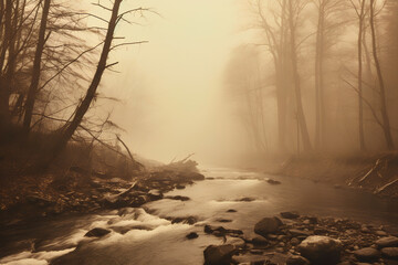 In a sepia-toned, mist-shrouded woodland, a male ghost is present near a small river in a horizontal composition.