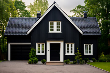 Fototapeta na wymiar A recently constructed house features sleek black walls and contrasting white windows.