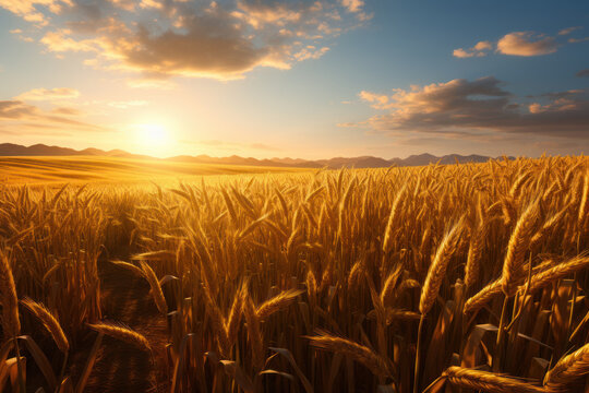 Sun-kissed cornfields stretching endlessly, evoking the image of a bountiful harvest under the golden rays of the sun. Generative Ai.