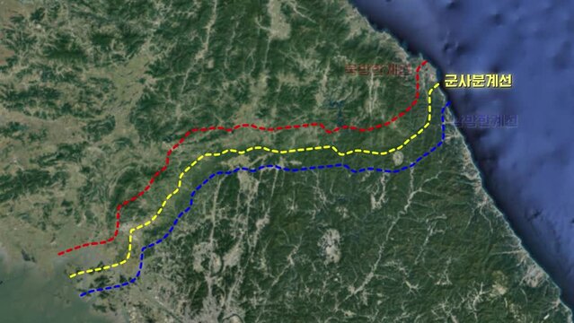한국의 군사분계선 38선과 DMZ를 설명하는 컴퓨터 그래픽 CG 영상