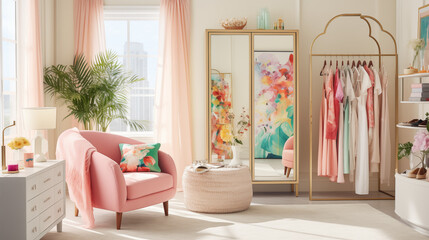 Gorgeous feminine dressing room with pink and pastel accents, large mirrors, luxurious clothes, and sitting spaces. High-end closet space with high end interior decor. Generated with AI