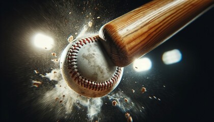 Baseball ball and bat on a dark background. Close-up