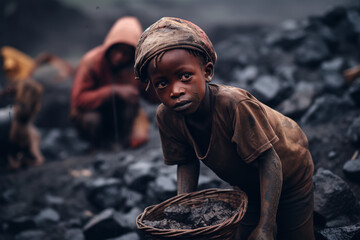 concept of poor African people suffer by extracting useful minerals in inhumane conditions. Cobalt mining in the Congo. Silent genocide in the Congo. poor people in africa - obrazy, fototapety, plakaty