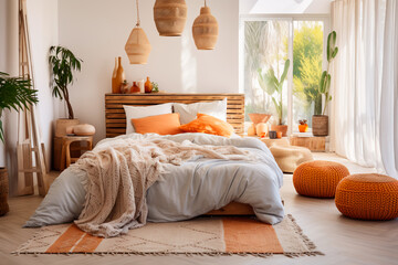 A boho-chic style apartment featuring a cozy bedroom adorned with crafted home decor.