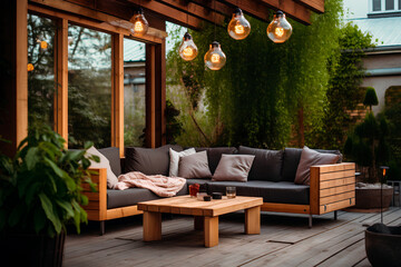 Fototapeta premium A modern garden lounge boasts a terrace house with plants, a wooden table and wall, a comfortable couch, and ambient lamps. Wooden veranda includes garden chairs for added relaxation.