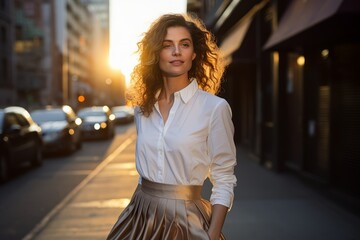 A sophisticated woman in a vibrant pleated midi skirt and crisp white button-up, standing confidently in a bustling city street, with the sun casting a warm glow on her