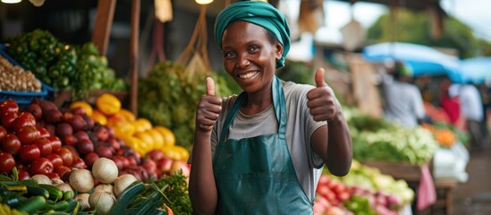 Positive African business woman or female vendor wearing a green apron, giving thumbs up at her...