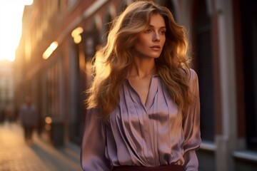 Elegant woman in a mauve silk blouse and striped cigarette pants, confidently striding down a bustling city street, her hair catching the golden glow of the setting sun - obrazy, fototapety, plakaty