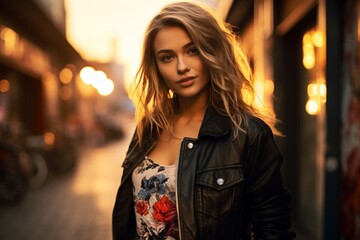 Stylish woman in a black denim jacket enjoying a serene sunset on the city's bustling streets, surrounded by vibrant graffiti walls and the lively urban life