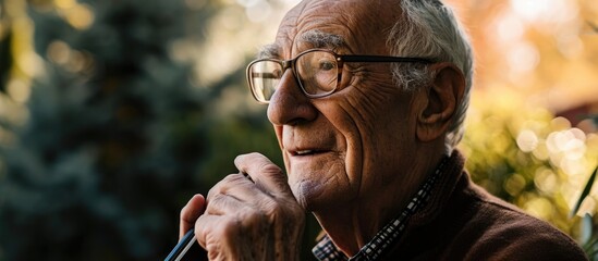 A senior man speaking on a mobile phone.