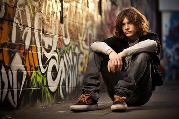 Obraz premium A Pale Teenage Boy with Long Skater Hair, Lost in Thought as He Sits on His Skateboard in an Urban Setting, Graffiti-Covered Walls Framing His Solitude