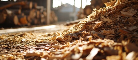 Recycled wood waste transformed into high-quality fuel through shredding, milling, and compression. - obrazy, fototapety, plakaty