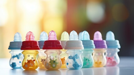 Closeup of a selection of baby bottles and pacifiers on a website. - obrazy, fototapety, plakaty