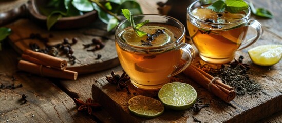 Traditional beverage from Kerala, India, made by pouring black tea infused with lemon spices onto lime tea. Two glasses of organic ayurvedic or herbal drink, green tea recommended for boosting