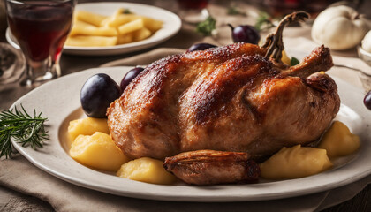 Duck with Potato Dumplings and Plums - obrazy, fototapety, plakaty