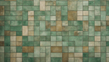 Vintage distressed green patchwork tiles stone wall background texture