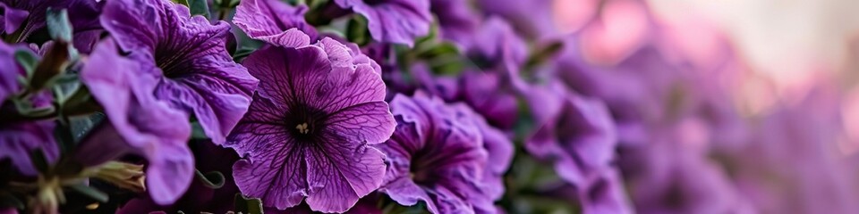 striking purple petunias, their ruffled blooms in sharp detail, against a gradient background from violet to light purple. - obrazy, fototapety, plakaty