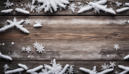 Winter Scene - Snowy frame on rustic wood background, top view with room for text