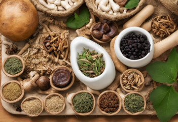Obraz na płótnie Canvas Natural Herbal Ingredients Mulberry and Shanghang Mushroom