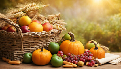 Church Thanksgiving Day fruit decoration with bible and harvested grain and crops background
 - obrazy, fototapety, plakaty