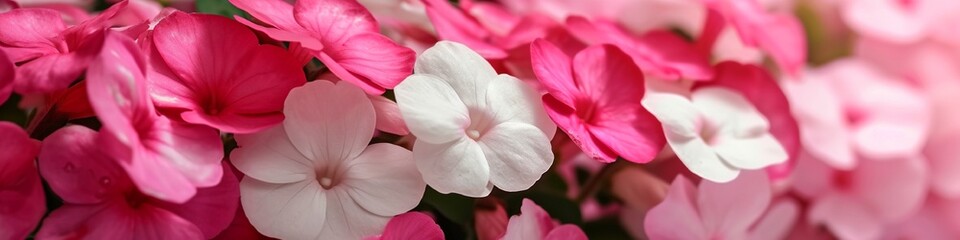 pink and white impatiens, their bright, rounded blooms vivid, set against a gradient background of pink blending into white.