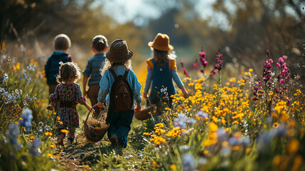 Kinder suchen Ostereier auf einer Frühlingswiese. 