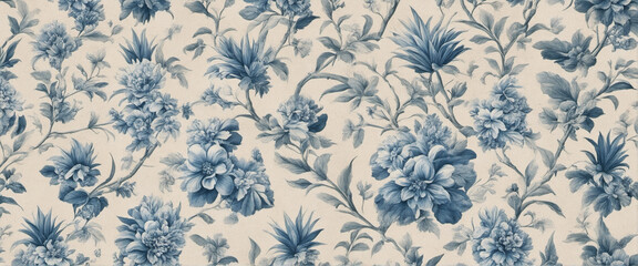 Vintage Blue and White Wallpaper with Pineapple, Flower, and Leaf Print - Retro Antique Texture Background