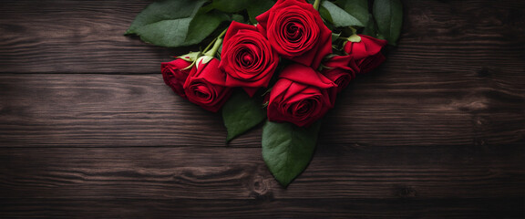 Red Roses Bouquet on Dark Rustic Wooden Background with Space for Text