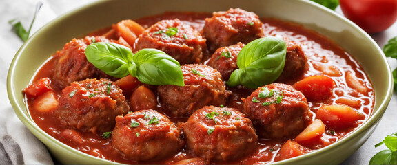 Mini meatballs baked in basil-infused tomato sauce