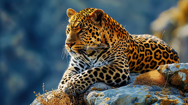 On the frame, a leopard, lying on a hill, creates a picture of the calm and greatness of the natur