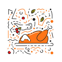 Baked turkey as american traditional food with cranberry sauce. Family event in November. Textured graphic icon. Celebration and party. Thanksgiving dinner meal hand drawn flat vector illustration