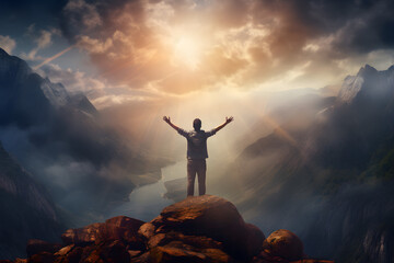 Christian praying to God and man shouting with arms raised to God in the top of mountain, hope and despair concept  - obrazy, fototapety, plakaty