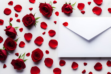 Valentine's Day Concept - an isolated white envelope surrounded by red rose petals on a white background generative ai