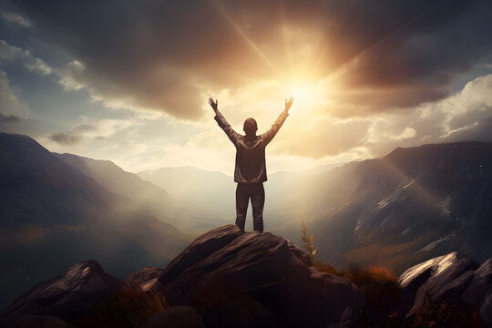 Christian praying to God and man shouting with arms raised to God in the top of mountain, hope and despair concept 