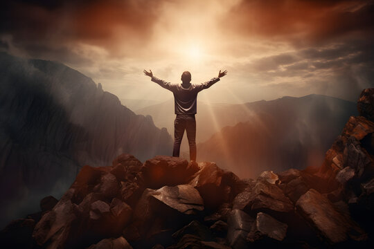 Christian praying to God and man shouting with arms raised to God in the top of mountain, hope and despair concept 