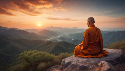 Buddhist monk in meditation on a beautiful sunset background on a high mountain Generative AI