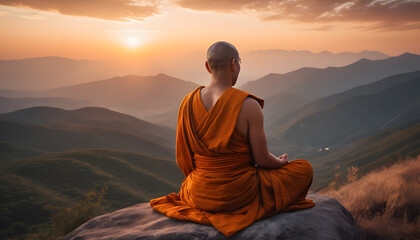 Obraz premium Buddhist monk in meditation on a beautiful sunset background on a high mountain Generative AI
