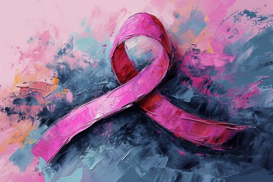 Pink ribbon for breast cancer awareness on a colorful abstract background