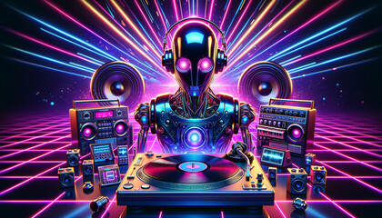 Retro-Futuristic AI Music: Neon-lit robot and vintage equipment in a futuristic music studio