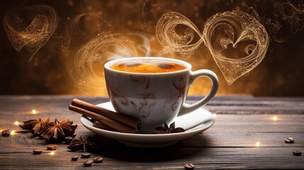 Romantic morning vibes  traditional coffee cup with heart shaped steam on rustic wood