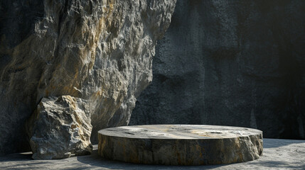Blank space rock podium and wall for promote product advertisement. Created using generative AI.