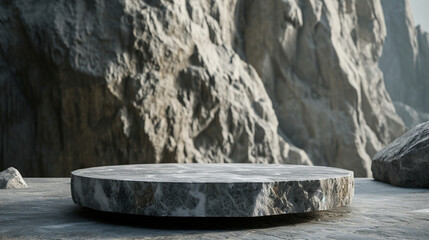 Empty rock podium base on the mountain for product presentation. Created using generative AI.