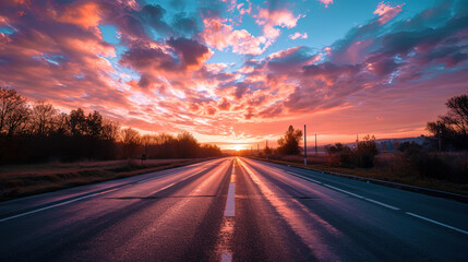 The moment on the road, where the sunset sky passes from orange to pink, and the road is lit by so