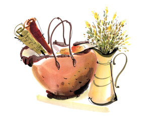 This is a basket, a stylish hand-drawn watercolor illustration of dried flowers.